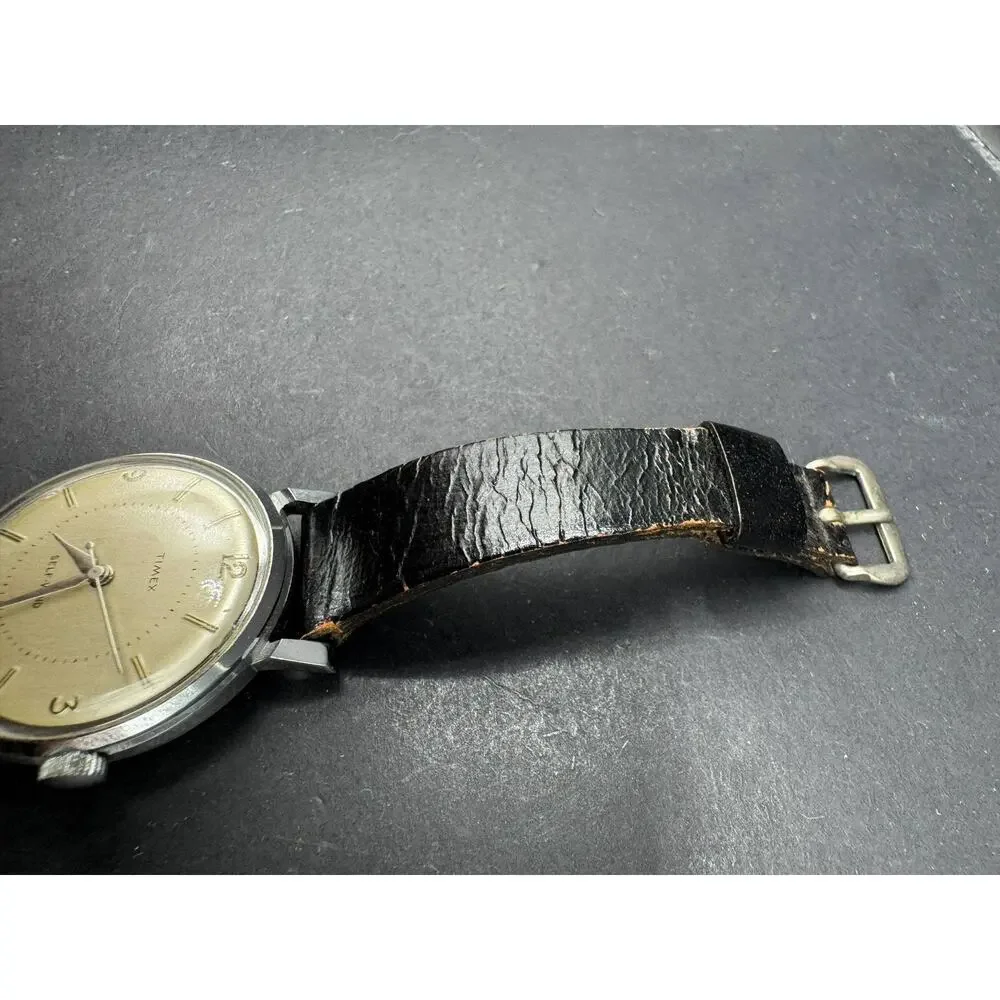 Vintage Timex Self-Wind Wristwatch Silver Tone Dial Black Leather Band Classic
